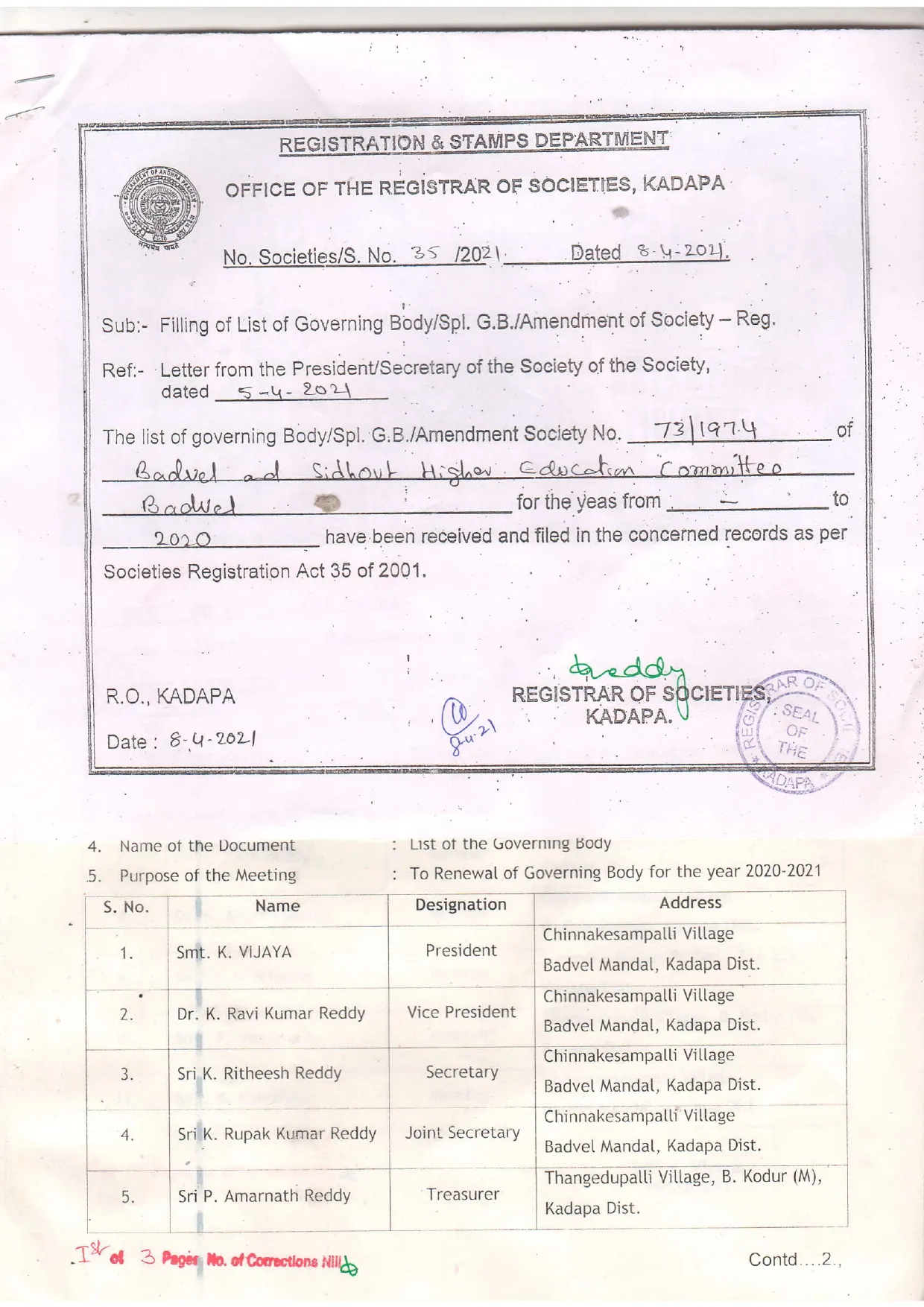 By-law renewal of the Badvel & Sidhout Higher Education Committee, 2020
