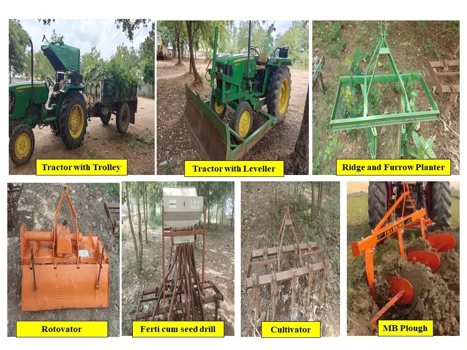 Farm machinery — tractor with trolley and leveller, ridge and furrow planter, rotavator, ferti-cum-seed drill, cultivator and MB plough