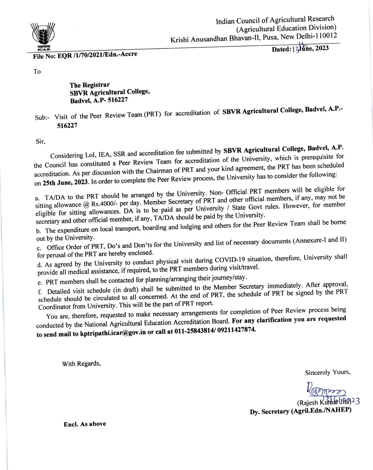 ICAR letter confirming accreditation, 2023–2028