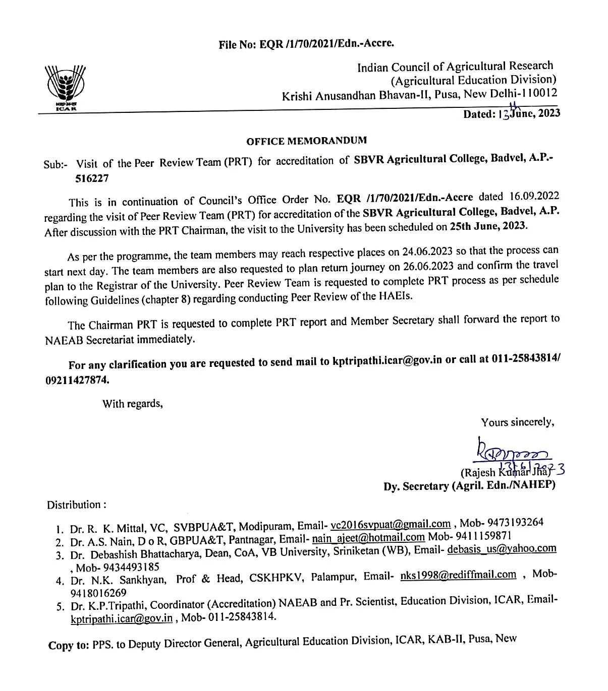 ICAR office memorandum on the Peer Review Team visit